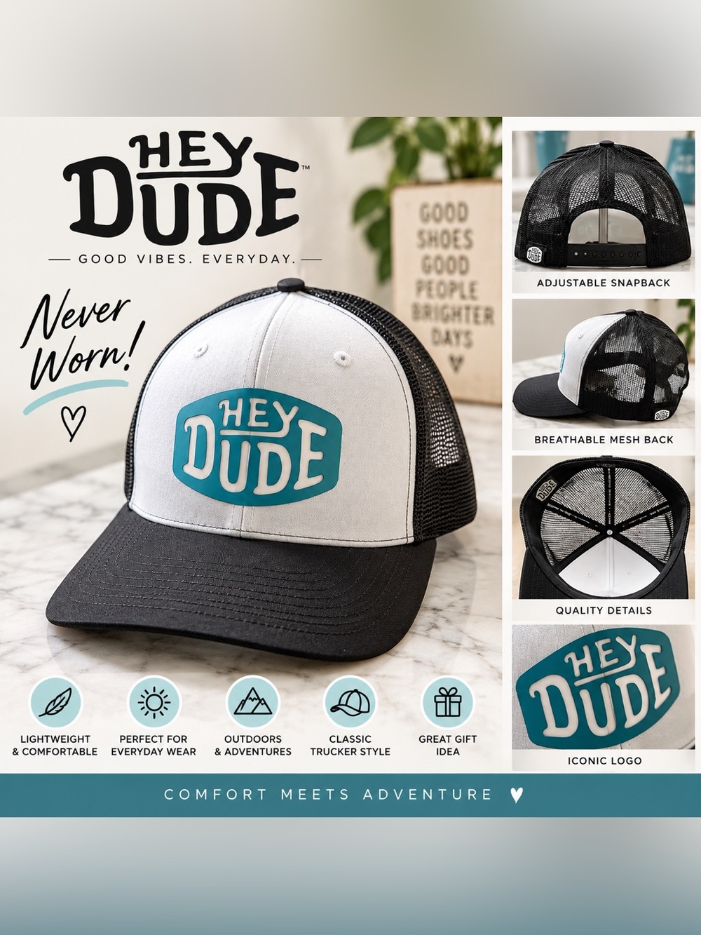 Hey Dude Black & White Trucker Hat with Teal Patch NEVER BEEN WORN